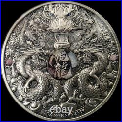 2022 Chad 1 Oz. 999 Silver Proof Dragons Tiger Holographic Antiqued Coin