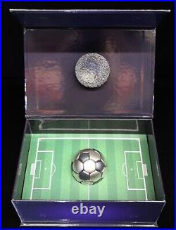 2022 Chad 30 gram Silver Soccer Ball Spherical Antiqued Coin. 999 Fine with Box