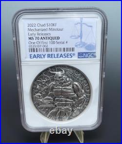 2022 Chad Mechanized Minotaur 2oz SILVER Coin Antiqued High Relief NGC MS70 #62