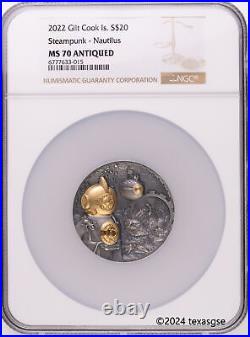 2022 Cook Island $20 Steampunk Nautilus 3oz Antique Silver NGC MS70