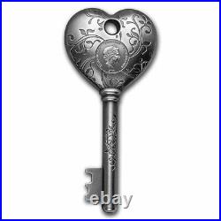 2022 Cook Islands 1 oz Antique Silver Key To My Heart Shaped Coin