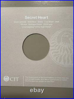 2022 Cook Islands 1 oz Secret Heart Silver Coin Antiqued. 999 Fine OGP Cool Coin