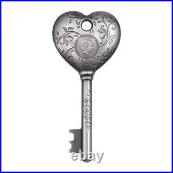 2022 Cook Islands 1 oz Silver Key To My Heart Coin Antiqued 999 Fine withBox & COA