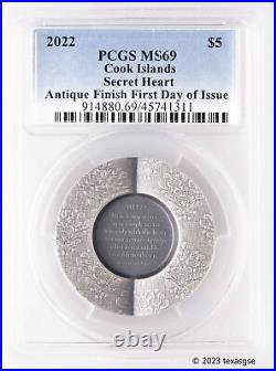 2022 Cook Islands 1oz Antique Silver Secret Heart First Day of Issue PCGS MS69