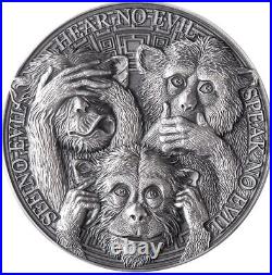 2022 Ghana Life Quotes Three Wise Monkeys 1oz Silver Antique Finish Coin
