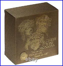 2022 Ghana Life Quotes Three Wise Monkeys 1oz Silver Antique Finish Coin