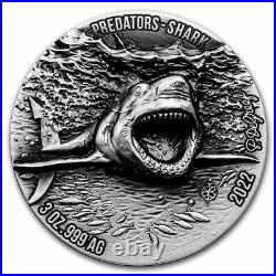 2022 Ivory Coast Predators Great White Shark 3oz Silver Antique Finish Coin