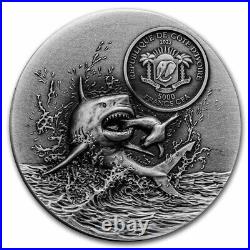 2022 Ivory Coast Predators Great White Shark 3oz Silver Antique Finish Coin