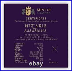 2022 Niue Assassins Nizaris 5oz Sterling 925 Silver Antiqued Statue Coin Amazing