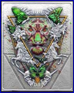 2022 Niue Dark Nature Tiger Mantra 50 grams. 999 Silver Antique Finish Coin