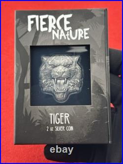 2022 Niue Fierce Nature Tiger 2 oz Silver Antiqued Shaped Coin