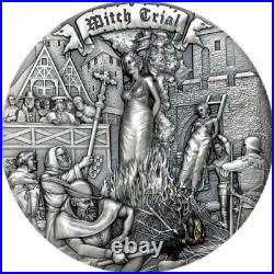 2022 Niue Mistakes of Mankind Witch Trials Antiqued 2 oz. 999 Silver HR Coin