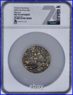 2022 Niue S$5 Gilt Twelve Olympians Bacchus High Relief 2 Oz NGC MS 70 Antiqued