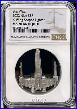 2022 Niue Star Wars X-Wing Shaped Fighter 1 oz Silver Coin NGC MS70 Antiqued