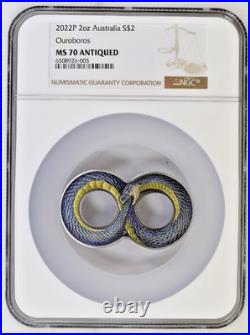 2022 OUROBOROS ANTIQUED 2oz Silver $2 COIN NGC MS70 With OGP 1935 out of 2,000