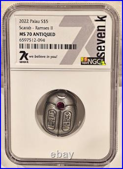 2022 Palau $5 Scarab Ramses II 0.999 Silver Antiqued NGC MS 70 Coin