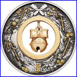 2022 Perth Mint Christmas Holiday Jingle Bell 2 oz Gilded Antique Silver Coin