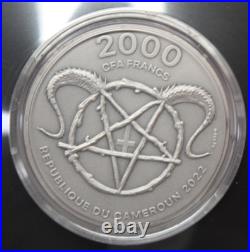 2022 Republic of Cameroon Mephistopheles 2oz Antique Silver Coin OGP 045GRA