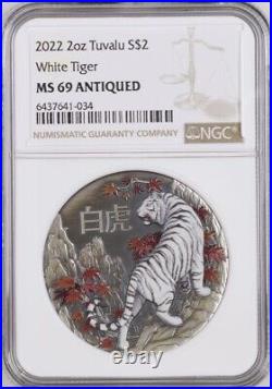 2022 Tuvalu White Tiger 2oz Silver Antiqued Colored Coin NGC MS69