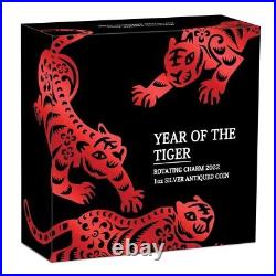 2022 Tuvalu Year of the Tiger Rotating Charm 1oz Antiqued Coin