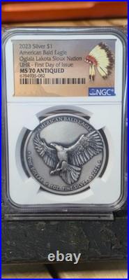 2023 1oz Silver Oglala Lakota Sioux Nation US Bald Eagle UHR NGC MS70 Antiqued