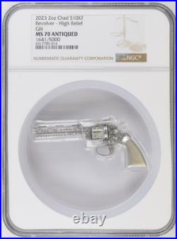 2023 2oz Chad S10KF Revolver High Relief Gilt MS70 Antiqued 1641 of 5000