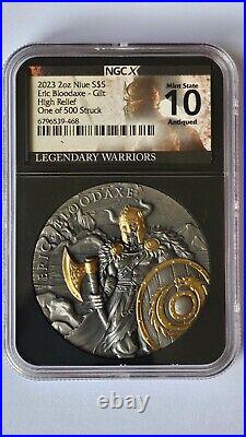 2023 $5 Niue 2oz Gilt Silver Eric Bloodaxe HR NGCX MS10 ANTIQUED 1 of 500 Struck