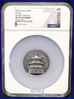 2023 5oz Cook Is. S$25 High Relief Beijing Temple of Heaven MS70 ANTIQUED
