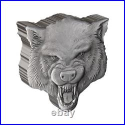 2023 Antiqued Niue $5 Fierce Nature Wolf Shaped 2 oz Silver Coin Box, OGP &am