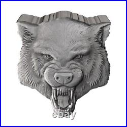 2023 Antiqued Niue $5 Fierce Nature Wolf Shaped 2 oz Silver Coin Box, OGP &am