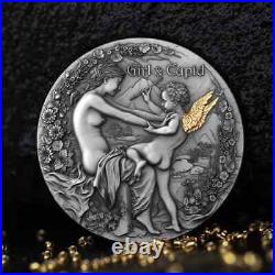 2023 Cameroon 2 oz Antiqued Silver with Gold Gild Girl and Cupid Mintage of 500