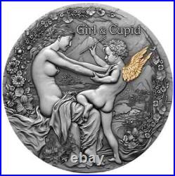 2023 Cameroon 2 oz Antiqued Silver with Gold Gild Girl and Cupid Mintage of 500