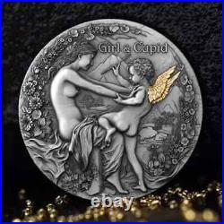 2023 Cameroon 2 oz Antiqued Silver with Gold Gild Girl and Cupid Mintage of 500