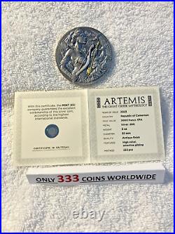 2023 Cameroon ARTEMIS 3 oz Gilded High Relief Antique Silver Coin-MINTAGE 333