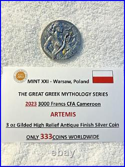 2023 Cameroon ARTEMIS 3 oz Gilded High Relief Antique Silver Coin-MINTAGE 333