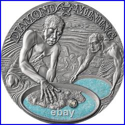 2023 Cameroon Earth Treasures Diamond Mining 50g Silver Antiqued Coin Minted 500