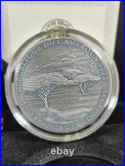 2023 Cameroon Expressions of Wildlife High Relief Elephant 2oz Silver Antiqued