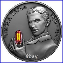 2023 Cameroon Nikola Tesla Bulb Inlay 2oz Antiqued Silver Coin with Plasma Ball