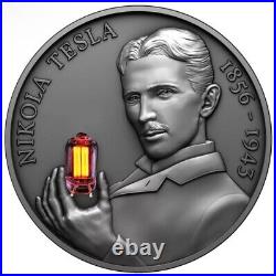 2023 Cameroon Nikola Tesla Bulb Inlay 2oz Antiqued Silver Coin with Plasma Ball