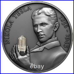 2023 Cameroon Nikola Tesla Bulb Inlay 2oz Antiqued Silver Coin with Plasma Ball