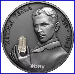 2023 Cameroon Nikola Tesla Bulb Inlay 2oz Antiqued Silver Coin with Plasma Ball