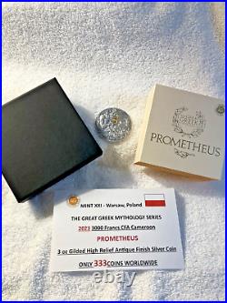 2023 Cameroon PROMETHEUS 3 oz Gilded High Relief Antique Silver Coin-MINTAGE 333