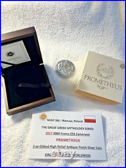 2023 Cameroon PROMETHEUS 3 oz Gilded High Relief Antique Silver Coin-MINTAGE 333