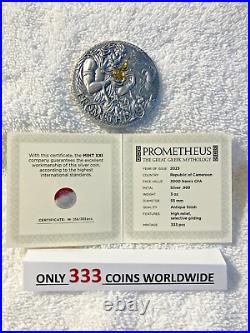 2023 Cameroon PROMETHEUS 3 oz Gilded High Relief Antique Silver Coin-MINTAGE 333