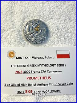 2023 Cameroon PROMETHEUS 3 oz Gilded High Relief Antique Silver Coin-MINTAGE 333