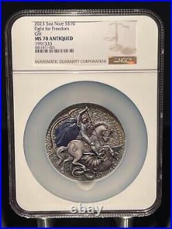 2023 Fight for Freedom Ukraine 5 oz Antique Silver Coin Niue MS 70 LOW MINTAGE