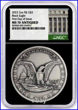 2023 Fiji $2 Silver 2 oz Black Eagle NGC MS70 Antiqued First Day of Issue