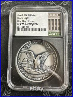 2023 Fiji 2 oz Silver Black Eagle FDOI NGC MS70 Antiqued Mintage of only 999 2023 Fiji 2 oz Silver Black Eagle FDOI NGC MS70 Antiqued Mintage of only 999