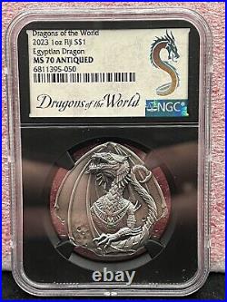 2023 Fiji Egyptian Dragon 1 oz. 999 Silver Antiqued Coin NGC MS70