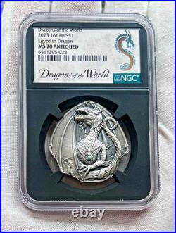 2023 Fiji Egyptian Dragon Shaped 1 oz. 999 Silver Antiqued Coin Graded NGC MS70 2023 Fiji Egyptian Dragon Shaped 1 oz. 999 Silver Antiqued Coin Graded NGC MS70